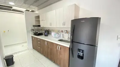 a kitchen with a refrigerator and wooden cabinets at Apartamento Balcón 302 in San Luis