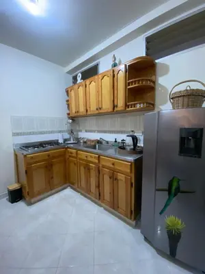 a kitchen with wooden cabinets and a stainless steel refrigerator at Casa Magia in Urrao