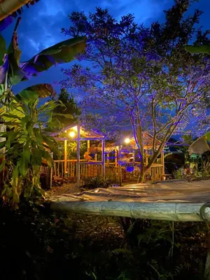 a night view of a garden with a gazebo at Turmequé cabaña in Alto de la Mina