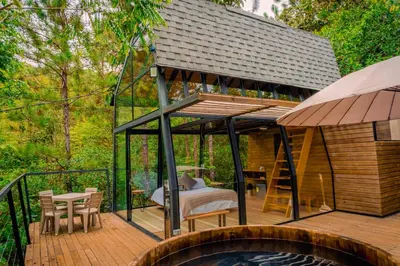 a tree house with a bed and a deck at Silvery Bungalows en el Bosque in San Carlos