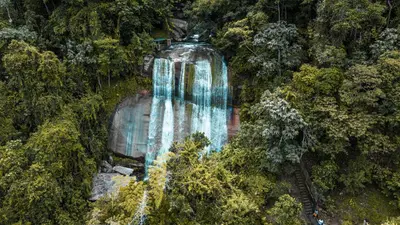 an aerial view of a waterfall in a forest at Silvery Bungalows en el Bosque in San Carlos