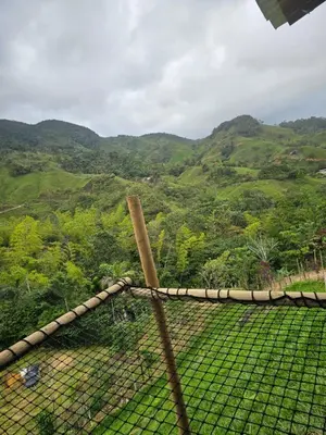 a fence with a view of a mountain at Cabaña Los Colibríes in San Rafael