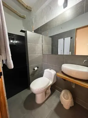 a bathroom with a white toilet and a sink at Finca Hotel el Valhalla in Doradal