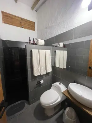 a bathroom with a toilet and a sink and towels at Finca Hotel el Valhalla in Doradal