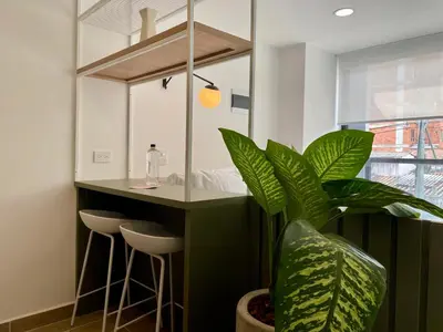 a kitchen with a green counter and a plant at Oliving by Wynwood House in Medellín