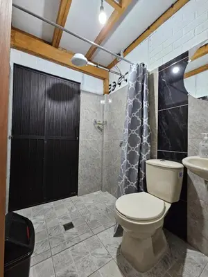 a bathroom with a toilet and a shower and a sink at Chalet Los Sinsontes in San Rafael