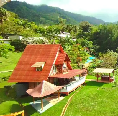 an aerial view of a house with an orange roof at Chalet Los Sinsontes in San Rafael