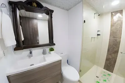 a bathroom with a sink and a shower at Vistas Top | Parking | Cerca De Estadio y 