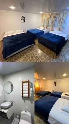 two different pictures of a hotel room with two beds at HOTEL GANADERO in La Dorada