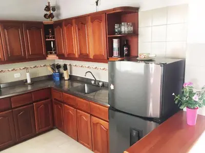 a kitchen with wooden cabinets and a stainless steel refrigerator at Casa zona Laureles in Medellín