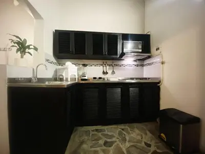 a kitchen with a sink and a microwave at Aparta Suites Rosales in Medellín