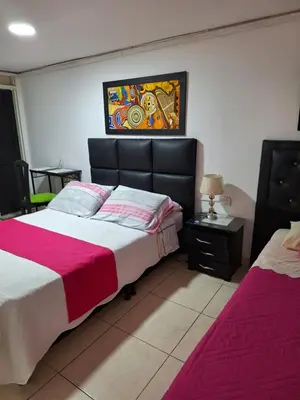 a bedroom with two beds and a painting on the wall at HOTEL GALICIA PLAZA in Manizales