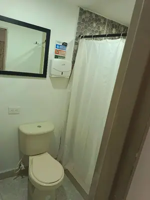 a bathroom with a toilet and a shower curtain at Hotel Confort Boutique in Rionegro