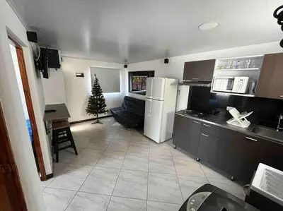a kitchen with a refrigerator and a christmas tree in it at Apartamento Dcastańo in Medellín