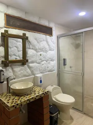 a bathroom with a toilet and a sink and a shower at Hotel Tekal del Rio in Puerto Boyacá
