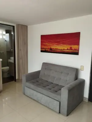 a couch in a living room with a painting on the wall at Poblado 1 hasta 4 personas in Medellín