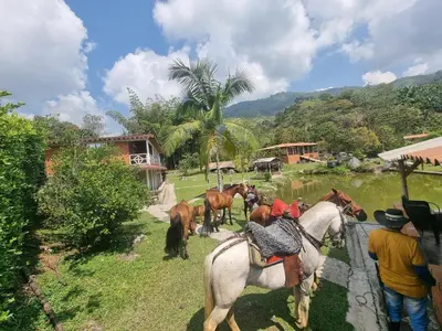 a group of people riding horses in a field at Cabaña rodeada de naturaleza in Cocorná