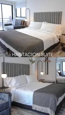 two pictures of a bedroom with a large bed at Hotel Villa Del Sol in Marquetalia