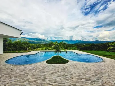 a swimming pool with a palm tree in the middle at Finca Luz de Luna in Santa Fe de Antioquia