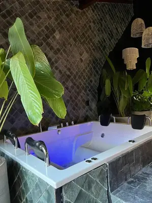 a bathroom sink with two faucets and two plants at POBLADO PARK MANILA in Medellín