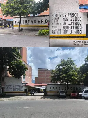 two pictures of a building with a parking lot at Casa primer piso Laureles, Estadio, UPB, la 70 in Medellín