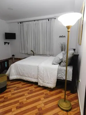 a bedroom with a bed and a floor lamp at Hostal Santa Teresita in La Merced