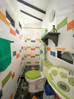 a bathroom with a green toilet and a sink at Casa Clandestina Campestre in San Rafael