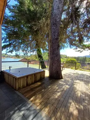 a tree sitting on a deck next to a tree at Tree House, Cabaña privada con Jacuzzi y canoa in Guatapé