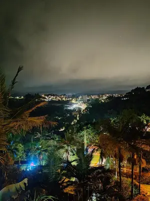 a view of a city at night with palm trees at Mayka cabañas con JACUZZI in Guatapé