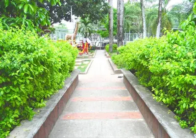 a walkway through a garden with a giraffe in the background at Central y privado a 1km de la hacienda Nápoles in Doradal