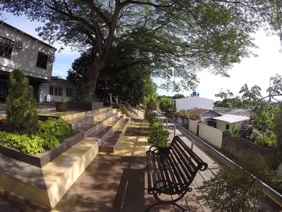 a bench sitting on a sidewalk next to a tree at Hotel Chicala salgar in Puerto Salgar