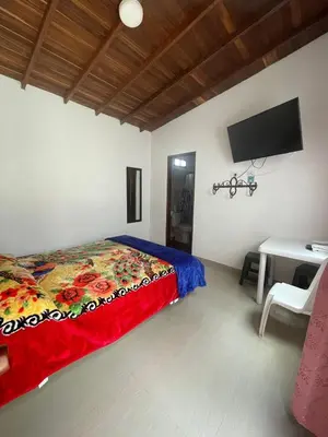 a bedroom with a bed and a desk and a television at Hotel Casa Azul in Sonsón