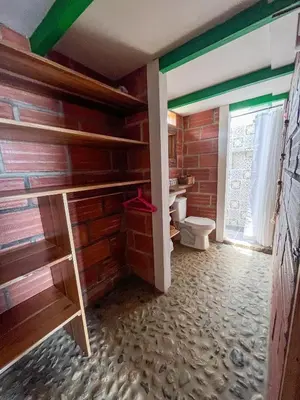a bathroom with a toilet in a room with wooden walls at Finca Hotel Isla del Encanto in Támesis