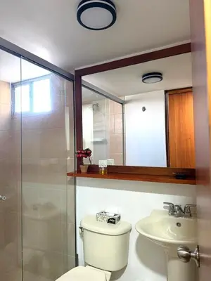 a bathroom with a toilet and a sink and a mirror at El Poblado, Medellín con Piscina, gym, cómodo, linda vista. in Medellín