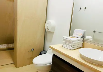 a bathroom with a toilet and a sink and a mirror at HOTEL SANTAFE NATURA - SANTAFE DE ANTIQUIA in Santa Fe de Antioquia