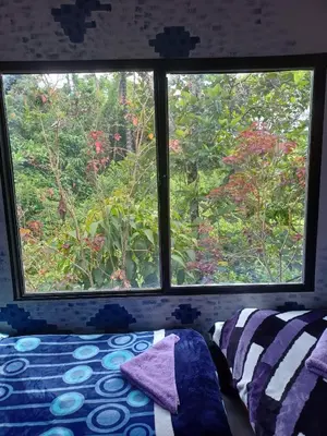 a bedroom with a bed and a large window at Hospedaje Pa'Gaïa in San Rafael