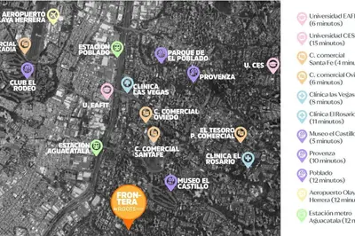 a map of a city with different colored circles at Nueva Tiny House en el Poblado FRN110 By Roots Rentals in Medellín