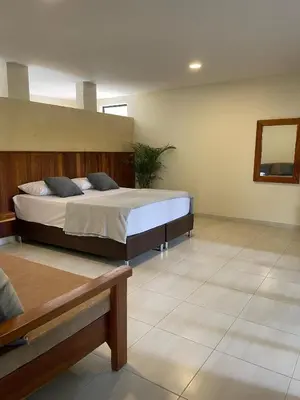 a bedroom with a large bed and a mirror at Casa Fuego in La Pintada