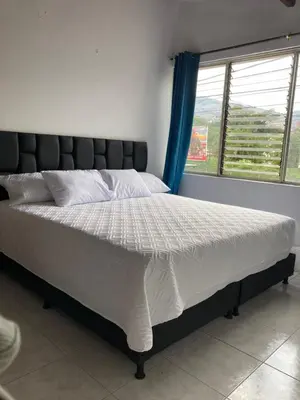 a bed in a bedroom with a large window at Hotel Mallorca Estadio, Medellin in Medellín
