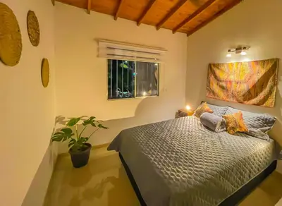 a bedroom with a bed and a window and a plant at Azulejo - Guest House in Medellín