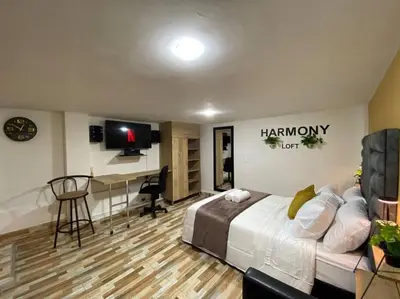 a bedroom with a bed and a desk in a room at Harmony loft - Apto con Wifi de 200Mbp Cercano a todo in Carmen de Viboral