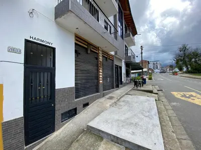 a building with a black door on the side of a street at Harmony loft - Apto con Wifi de 200Mbp Cercano a todo in Carmen de Viboral