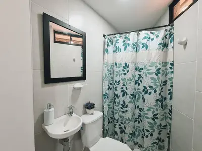 a bathroom with a shower curtain and a toilet and a sink at Comfy loft in Laureles in Medellín