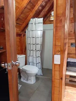 a bathroom with a toilet and a shower curtain at Cabaña en la Naturaleza con Jacuzzi - Santa Elena in Medellín