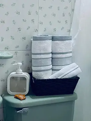 a basket on the back of a toilet with towels at Hotel Plenitud Jardín in Jardin