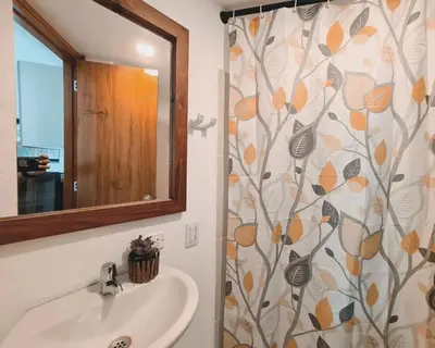 a bathroom with a sink and a shower curtain at Duplex apartment in Medellín