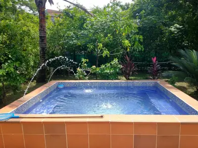 a small swimming pool with a water fountain at Cabaña 2 Montenegro La Pintada in La Pintada