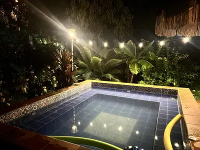 a small swimming pool in a garden at night at Cabaña 2 Montenegro La Pintada in La Pintada