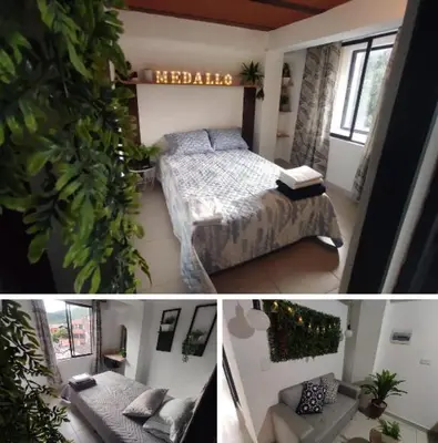 two pictures of a bedroom with a bed and a couch at Apartamento en Itagüí in Itagüí