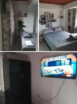 three pictures of a bedroom with a tv and a bed at Apartamento en Itagüí in Itagüí